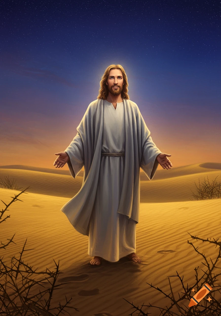 Jesus stands with outstretched arms in a desert under a starry night sky, rendered in a painterly style.
