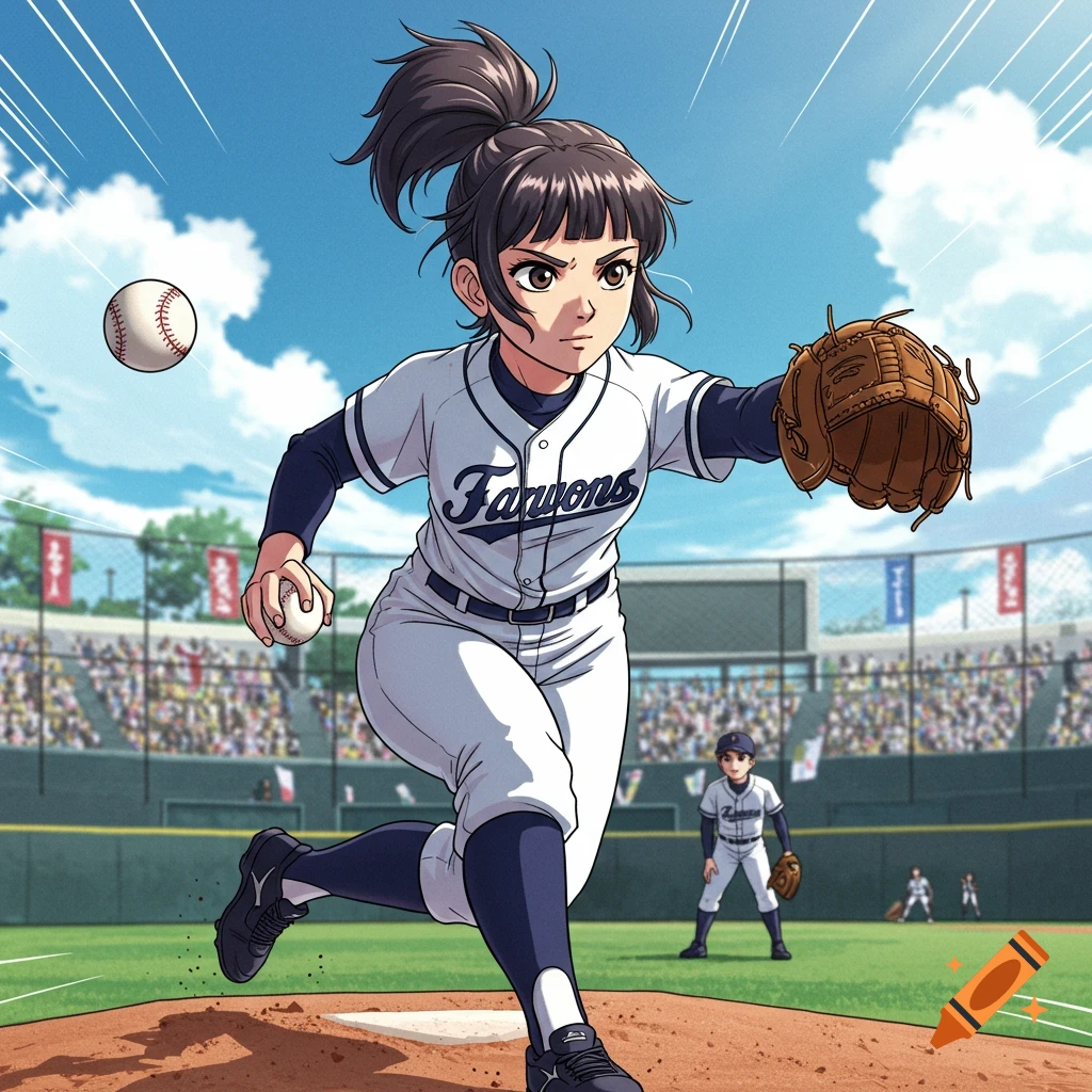 Manga style female baseball player running and throwing a ball on a stadium field.