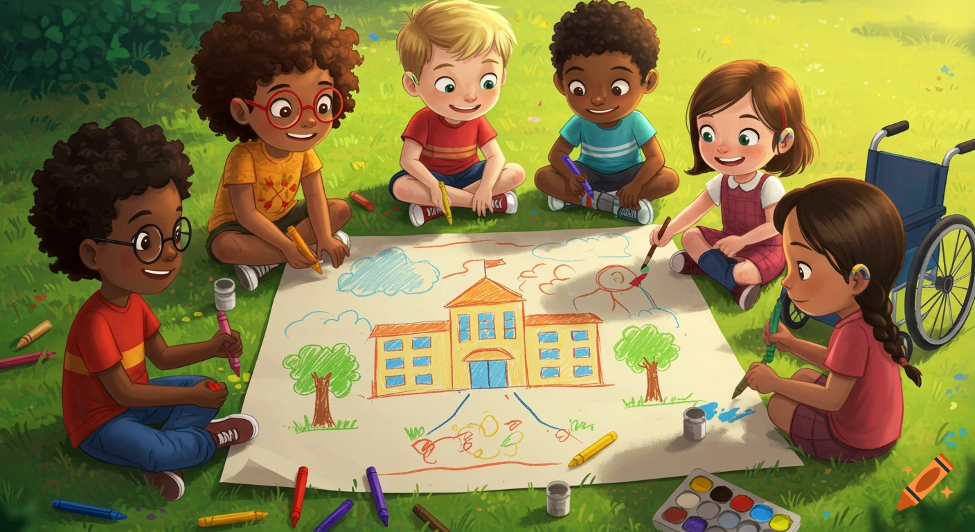 Cartoony illustration of diverse children with disabilities drawing a school on a large paper outdoors.