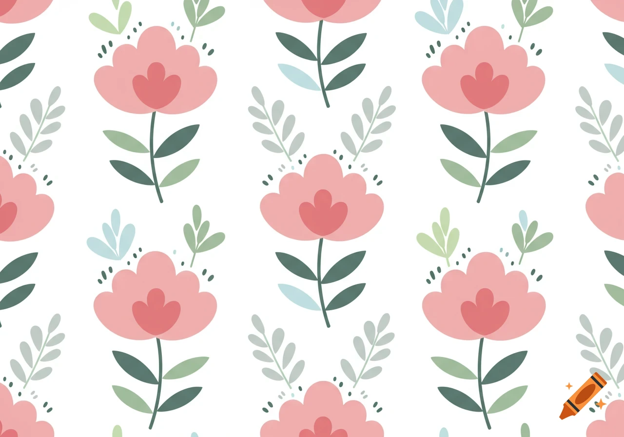 Seamless pattern of stylized pink flowers with green and light blue leaves on a white background, Scandinavian style.
