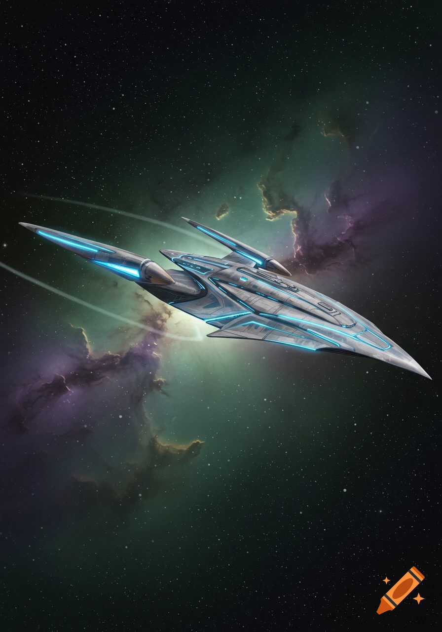 A sleek, futuristic starship with glowing blue accents soars through a vibrant nebula in deep space.