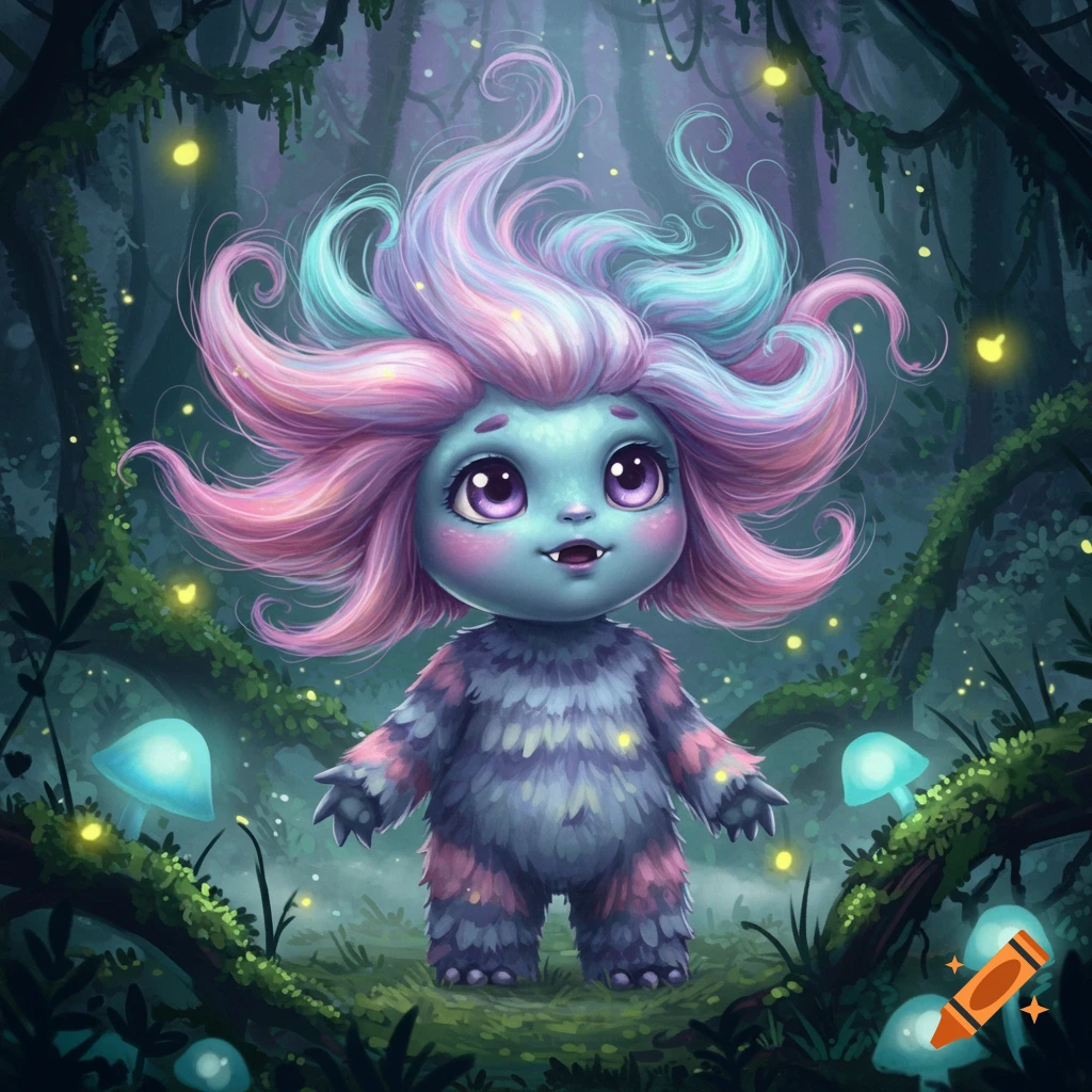 A cute, fluffy blue and pink monster with big eyes and wild hair stands in a dark, magical forest with glowing mushrooms.
