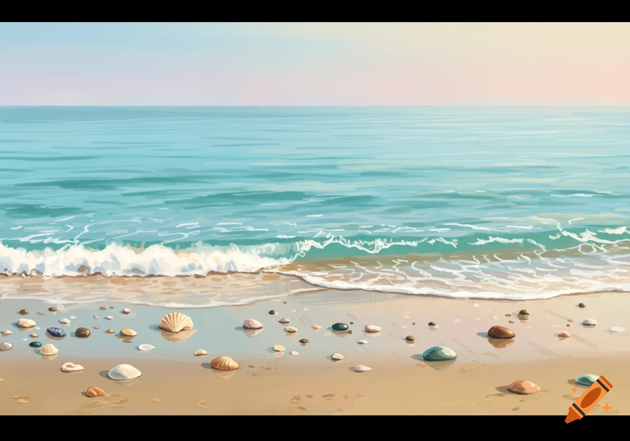 Stylized illustration of ocean waves gently breaking on a sandy beach scattered with various seashells.