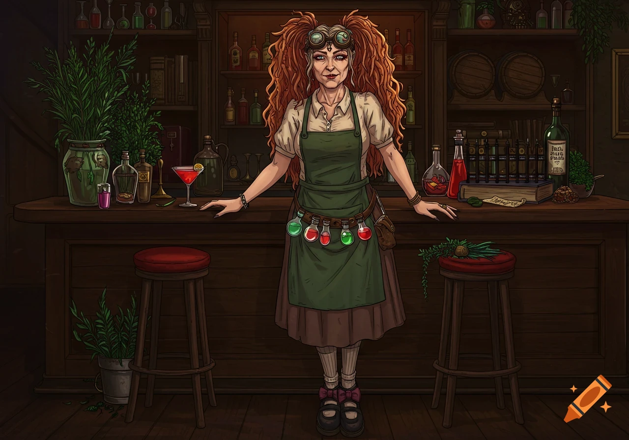 An older herbal alchemist woman with red hair and steampunk goggles stands behind a bar with plants and potions. The art style is detailed and illustrative.