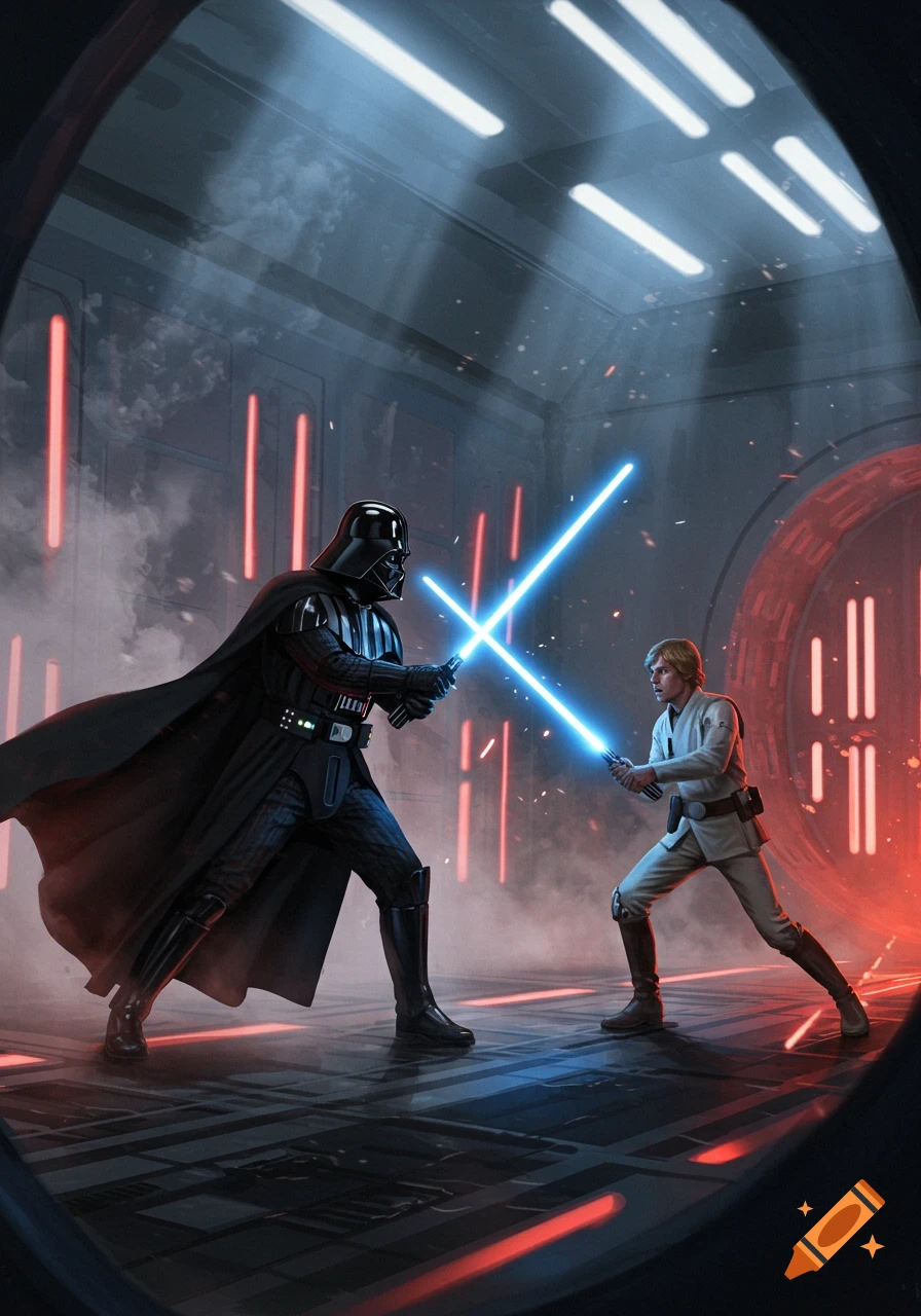 Darth Vader and Luke Skywalker duel with blue lightsabers in a dark, futuristic chamber.