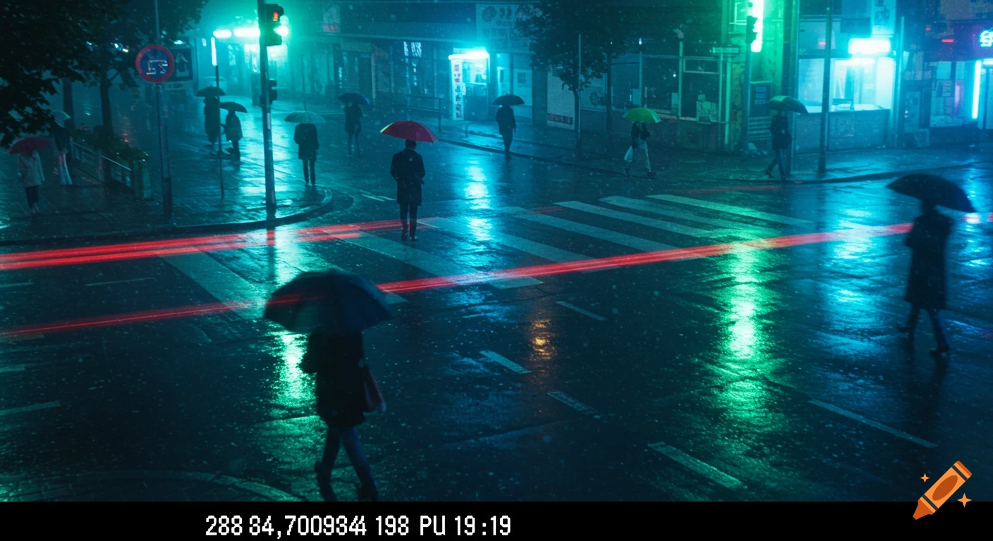 Overhead view of a rainy city street at night, with people holding umbrellas walking across a crosswalk. Neon signs glow in the background, casting reflections on the wet asphalt. Red light trails streak across the road, and a 'No Entry' sign is visible on the left.