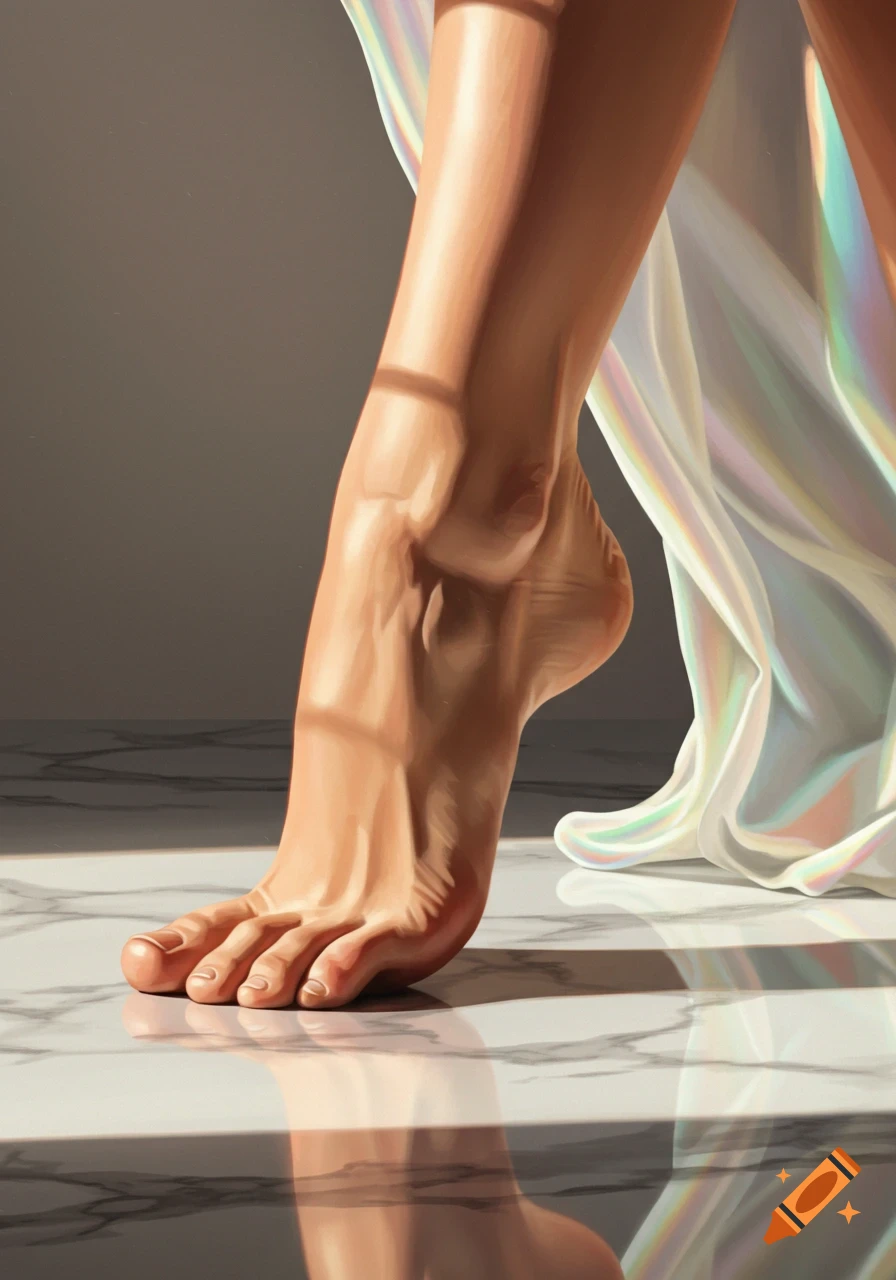 Close-up of a human foot and lower leg on a marble floor, draped in iridescent fabric, with window shadows.