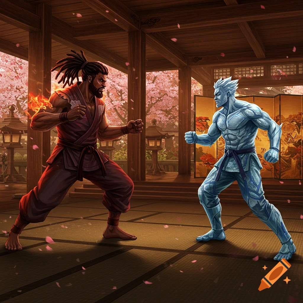 Two powerful fighters, one engulfed in fire and one made of ice, face off in a detailed Japanese dojo with cherry blossoms.
