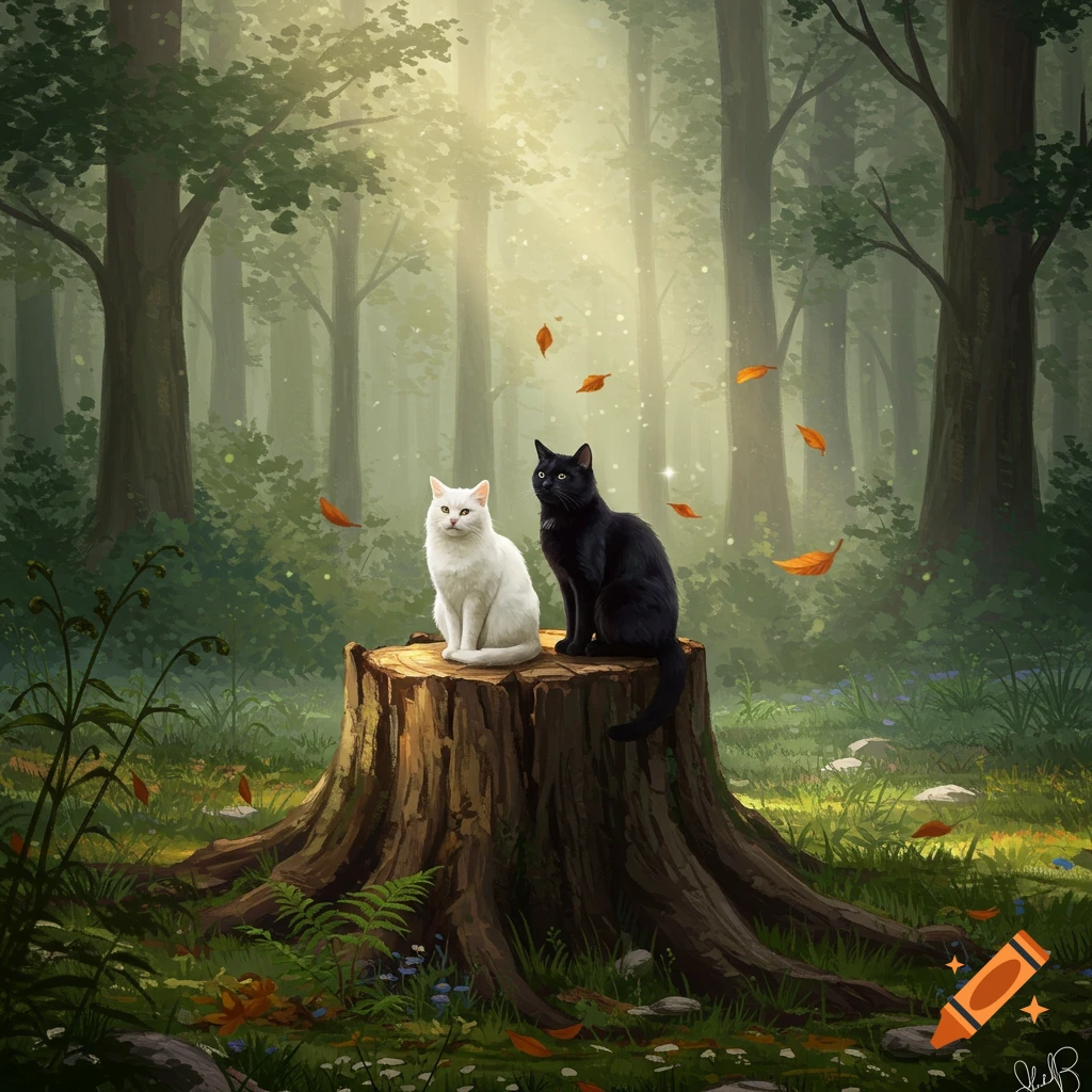 A white cat and a black cat sit on a tree stump in a sunlit forest, with autumn leaves falling around them in an illustration style.