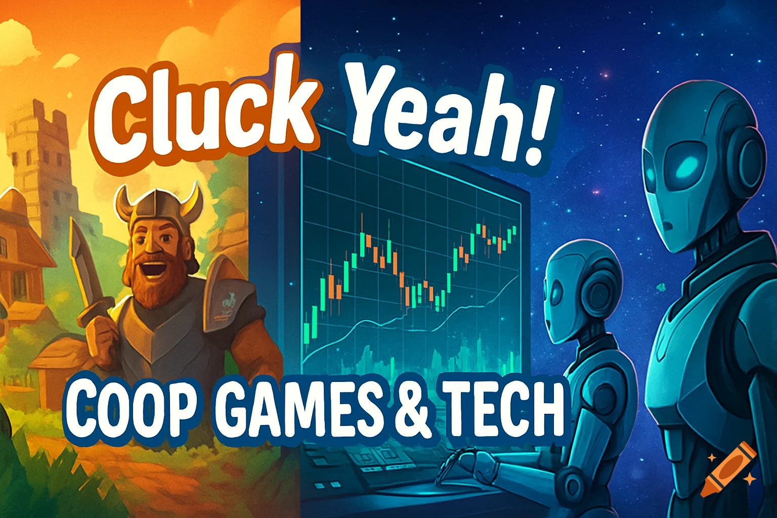 A split image with a yelling viking in a medieval village on the left, and robots watching a stock chart in space on the right, with text "Cluck Yeah! Coop Games & Tech".