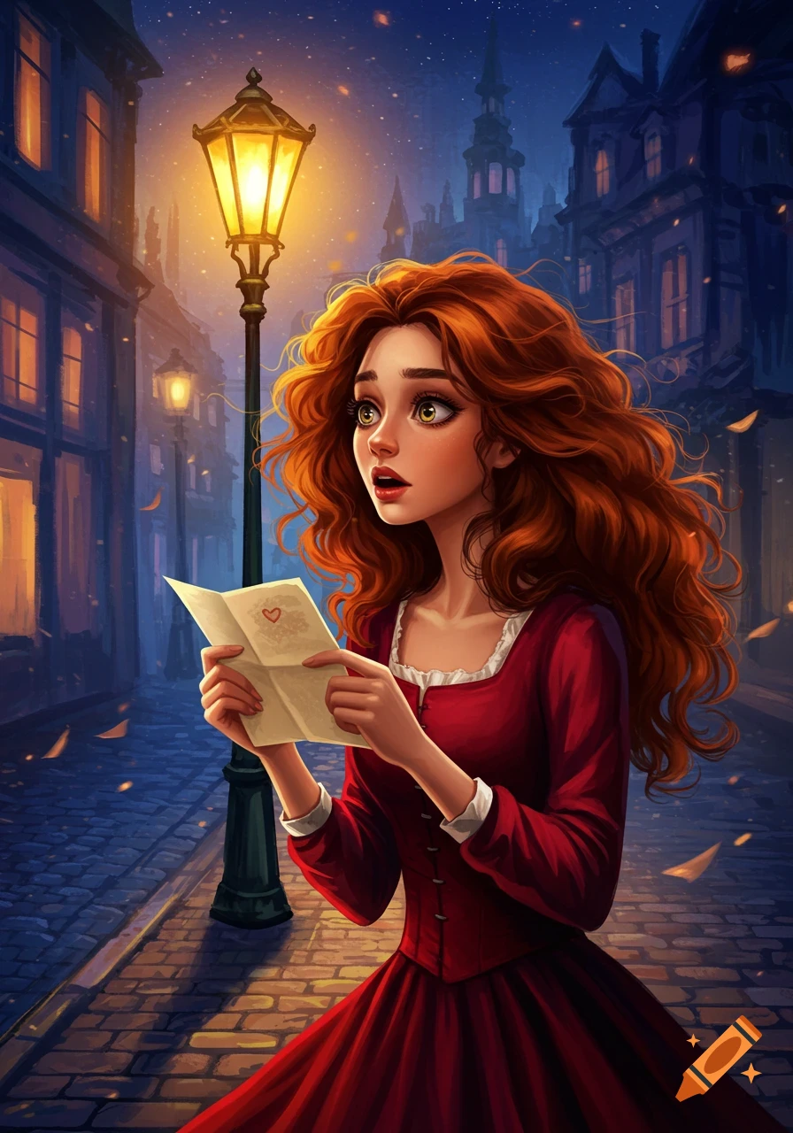 Expressionist illustration of a young woman with red hair reading a letter under a glowing streetlamp at night in a city.