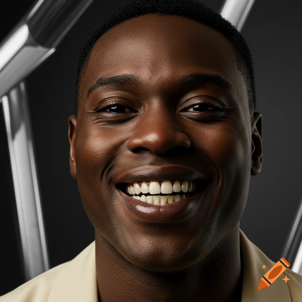 Close-up, photorealistic portrait of a smiling Black man in a light-colored jacket against a dark, metallic background.