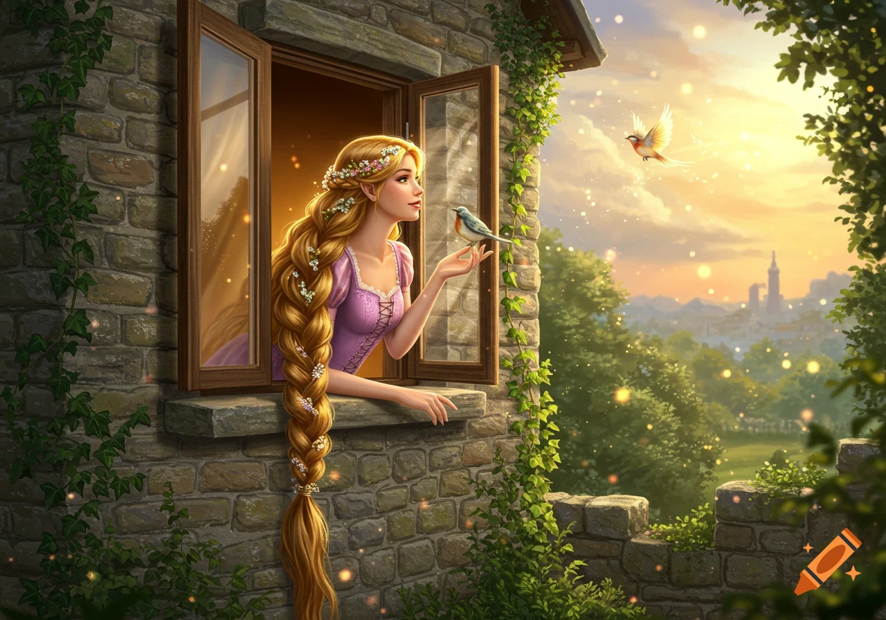 A fantasy woman with a long braided hair leans from a stone window, holding a bird as another flies in a magical sunset sky.