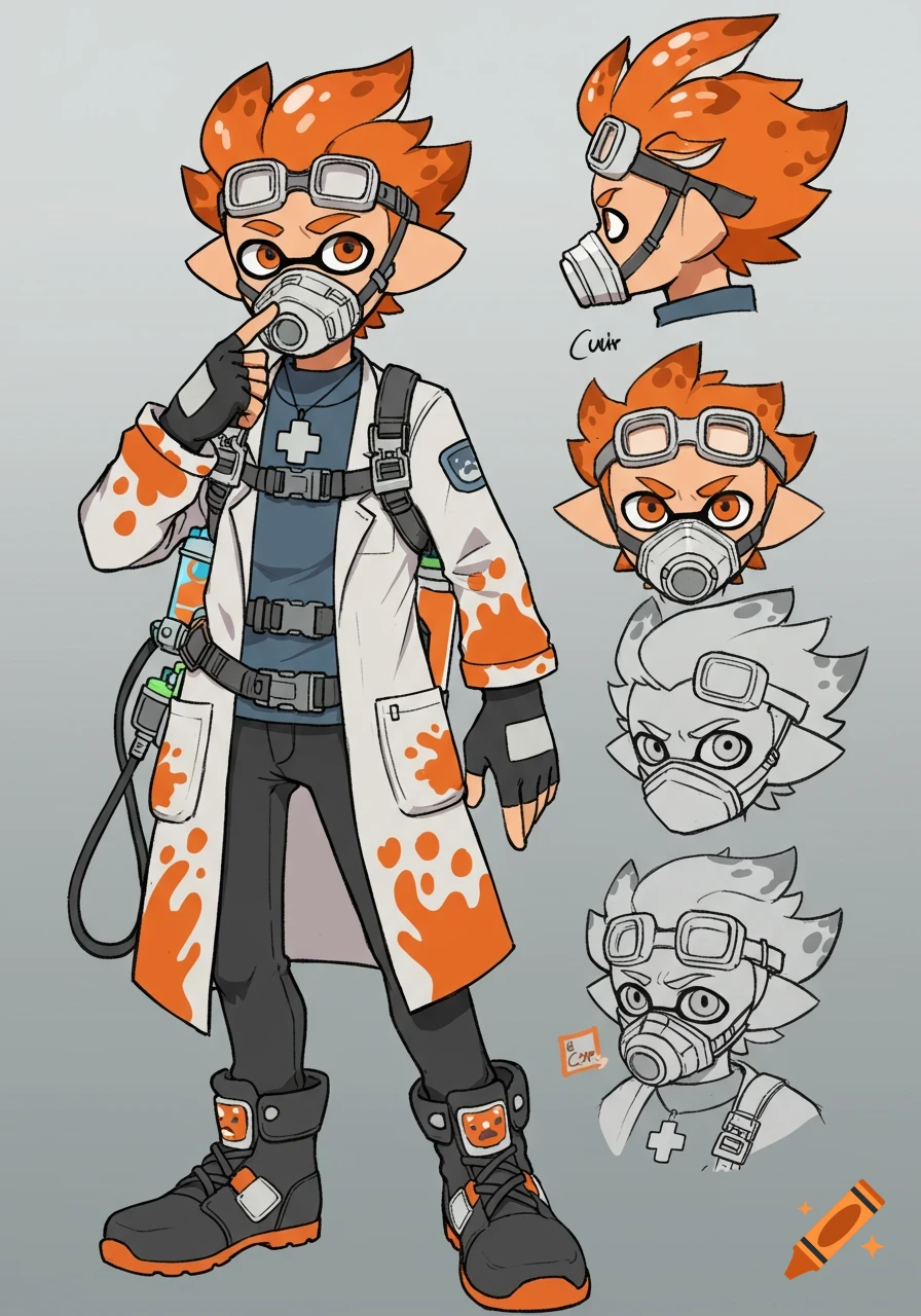 Anime-style character concept art sheet, an Inkling-like male with orange hair, goggles, a gas mask, and a splattered white lab coat.