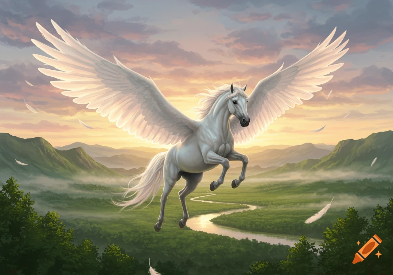 A majestic white Pegasus with large wings flies over a lush green valley with a winding river at sunset, in a fantasy art style.
