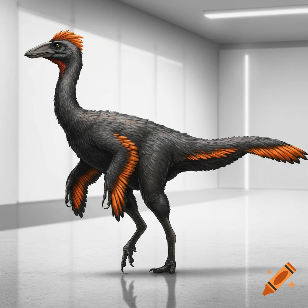 A detailed illustration of a Sinosauropteryx with dark gray feathers and orange crest, wings, and tail, standing in a minimalist white room.