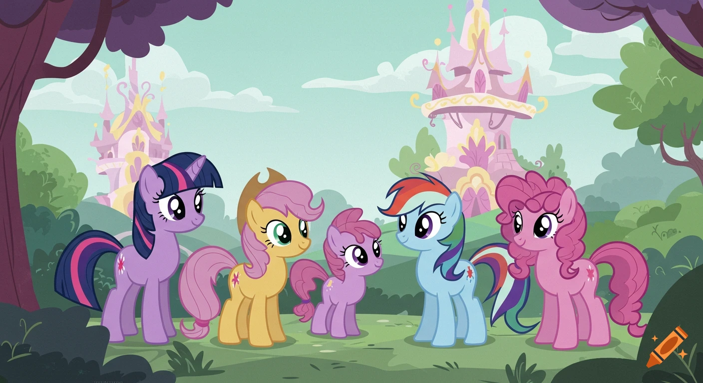 Five colorful My Little Pony characters stand in a vibrant field with pink castles and trees in a cartoon style.