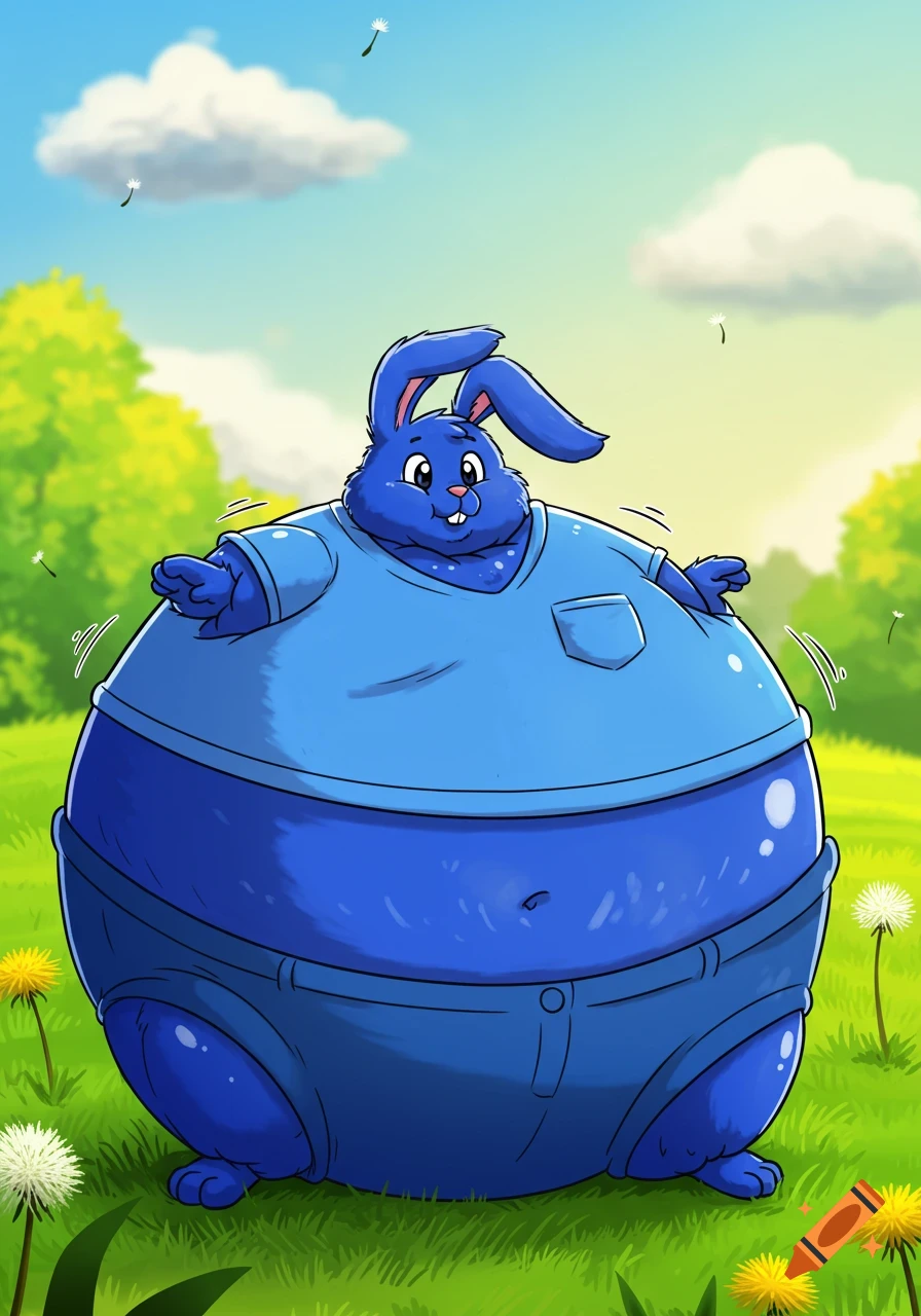 A cartoon blue bunny in a blue shirt and pants, inflated into a giant blueberry, stands in a green field under a blue sky.