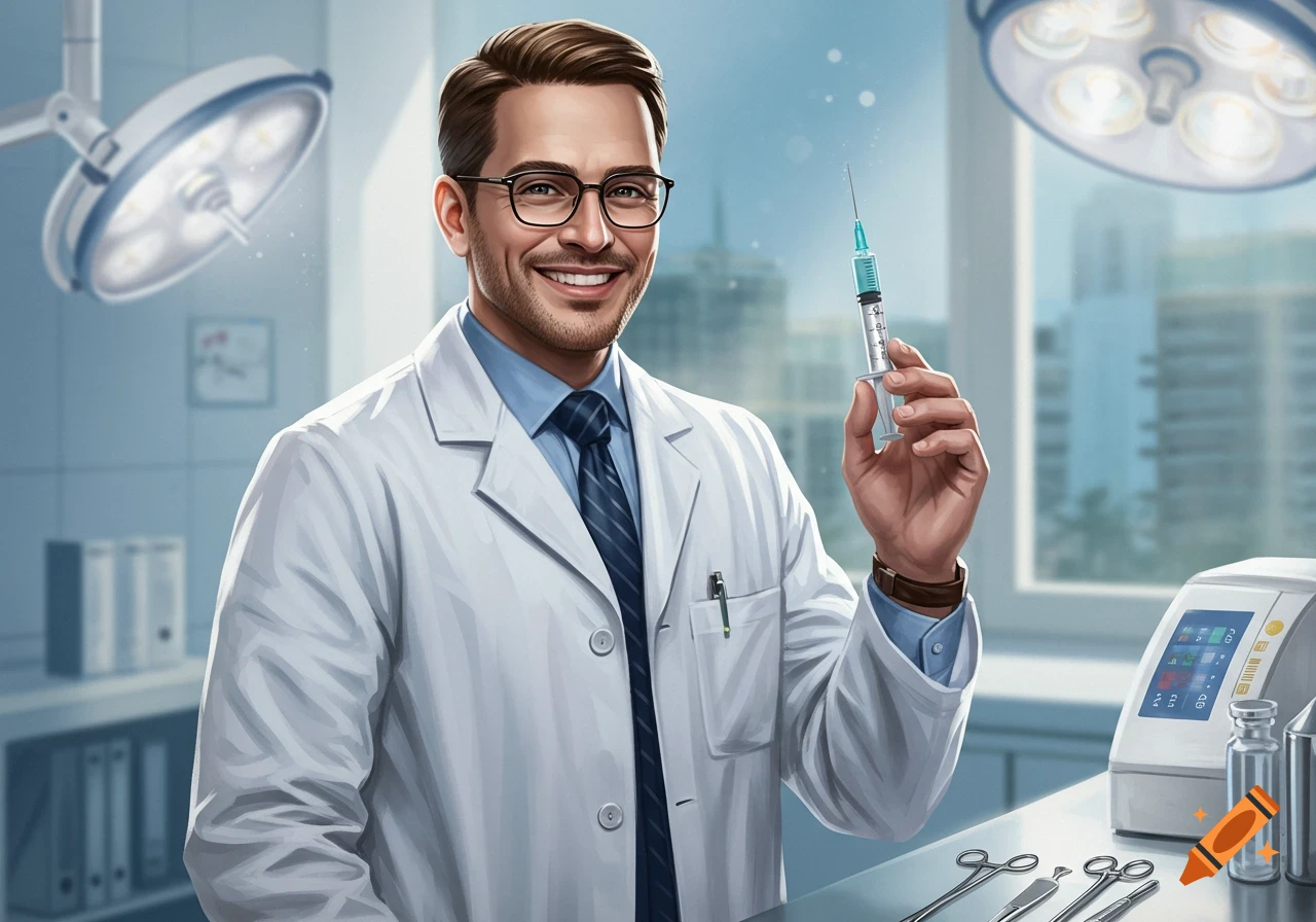 A smiling doctor in glasses and a lab coat holds a syringe in a medical setting with surgical lights.