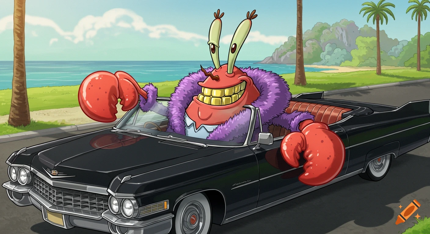 Mr. Krabs in a purple fur coat and gold teeth, grinning while driving a black vintage Cadillac convertible along a beach road with palm trees.