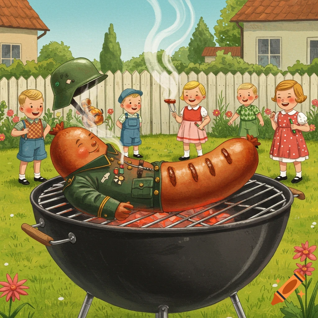 A cartoon illustration shows a smiling bratwurst dressed as a 1950s soldier being grilled on a barbecue, surrounded by smiling children in a backyard.