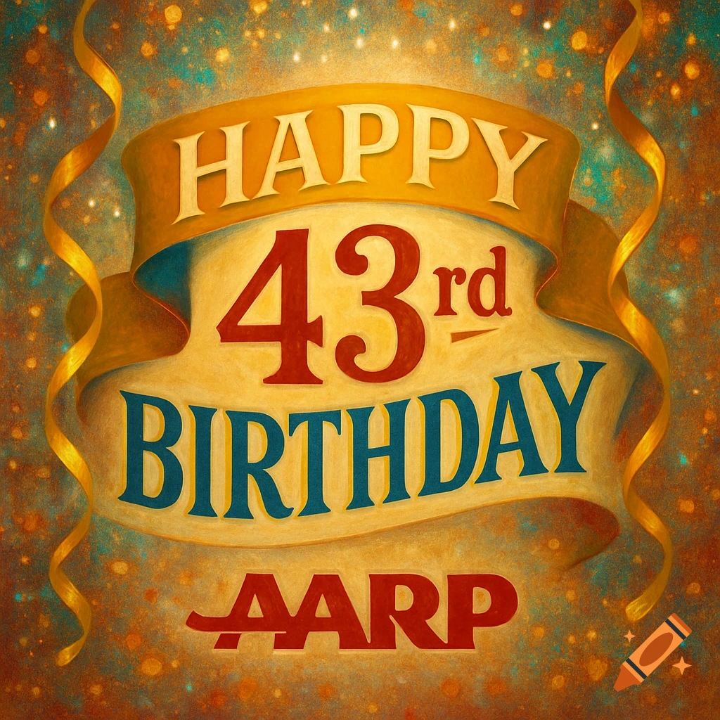 A festive banner with "Happy 43rd Birthday AARP" on a gold and teal sparkly background with golden ribbons.