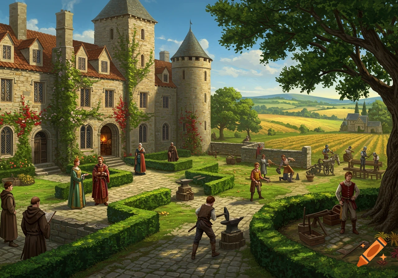 Detailed illustration of a medieval manor and courtyard with peasants and lords depicting feudal life.