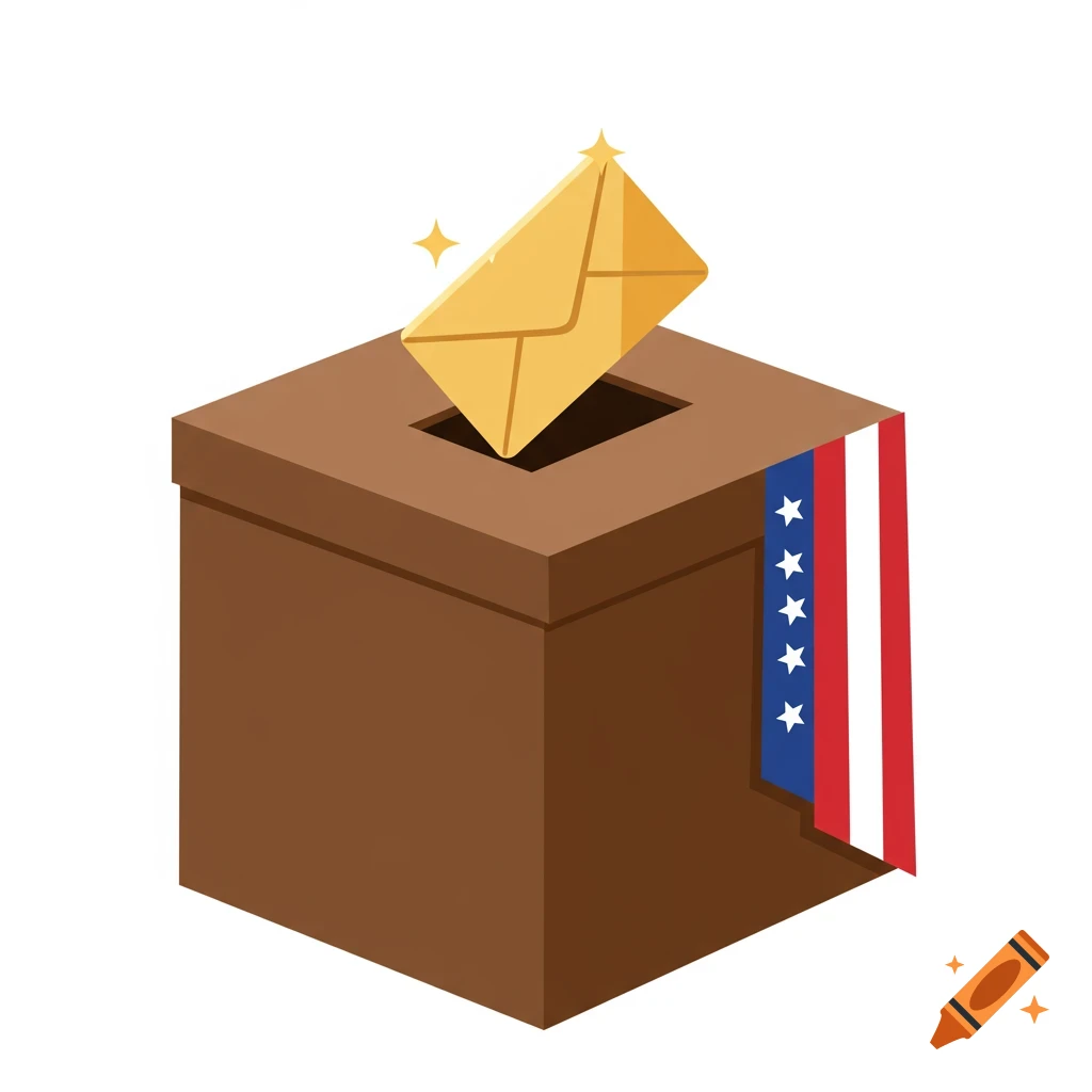 A brown voting ballot box with a golden envelope being inserted, adorned with a red, white, and blue sash with stars.