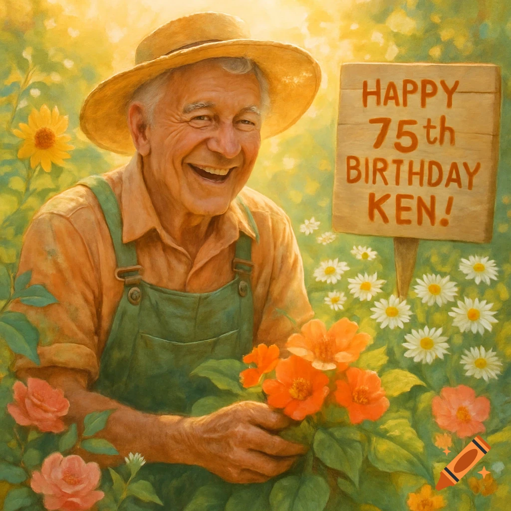 A smiling elderly man in a straw hat and overalls holds flowers in a lush garden, with a 'Happy 75th Birthday Ken!' sign.