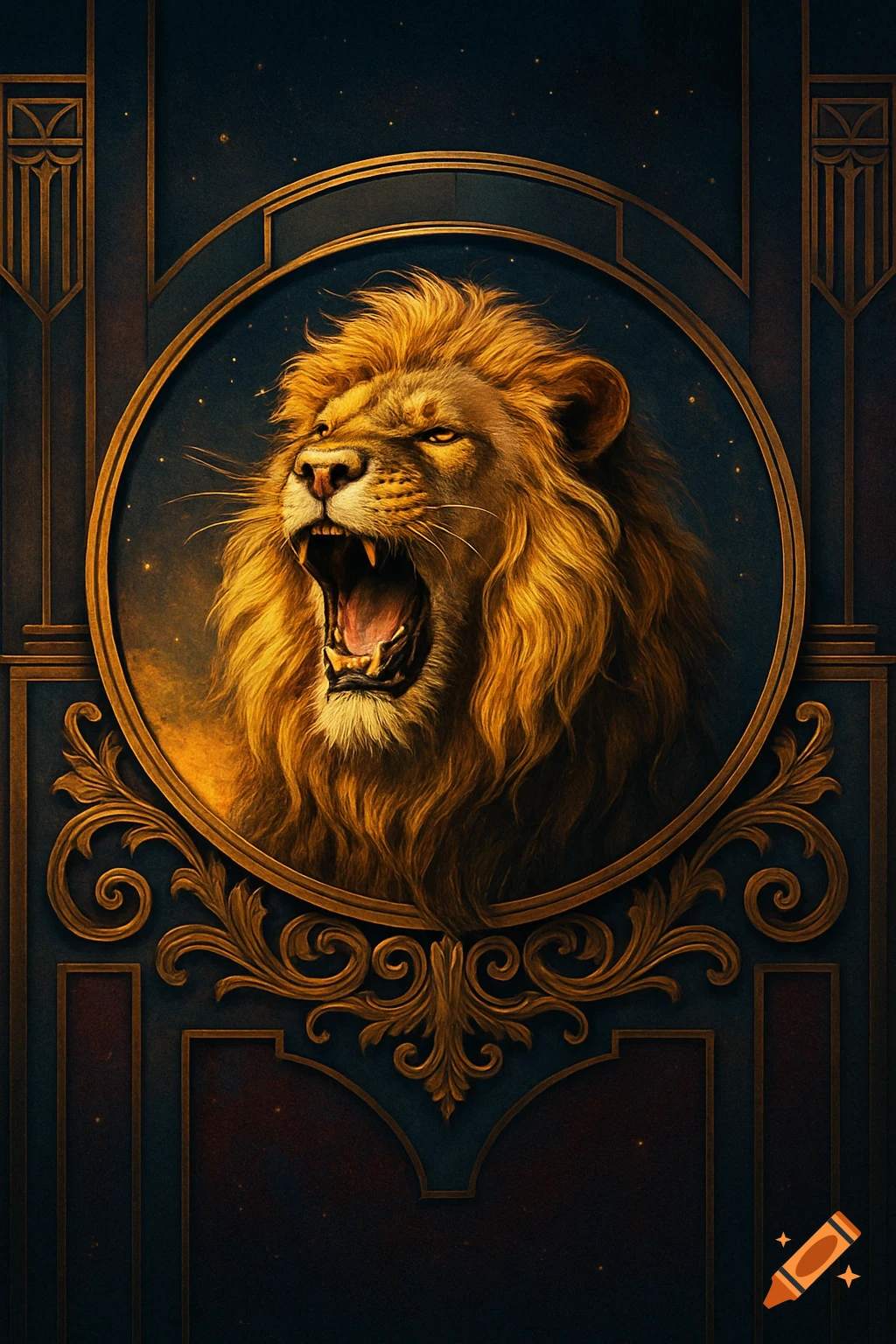 A majestic lion roaring inside an ornate gold Art Deco circular frame against a dark, starry background.