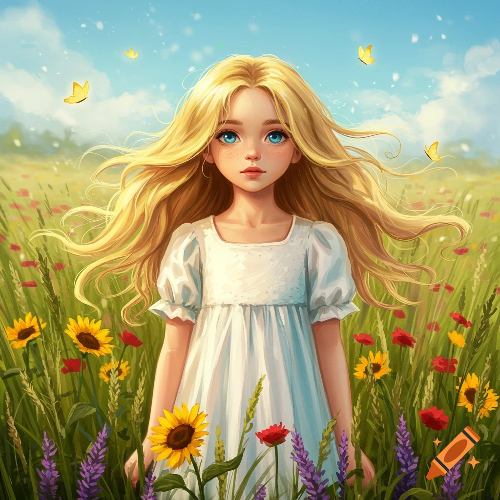 An illustrated blond girl with blue eyes and flowing hair stands in a vibrant wildflower field with sunflowers and butterflies under a blue sky.