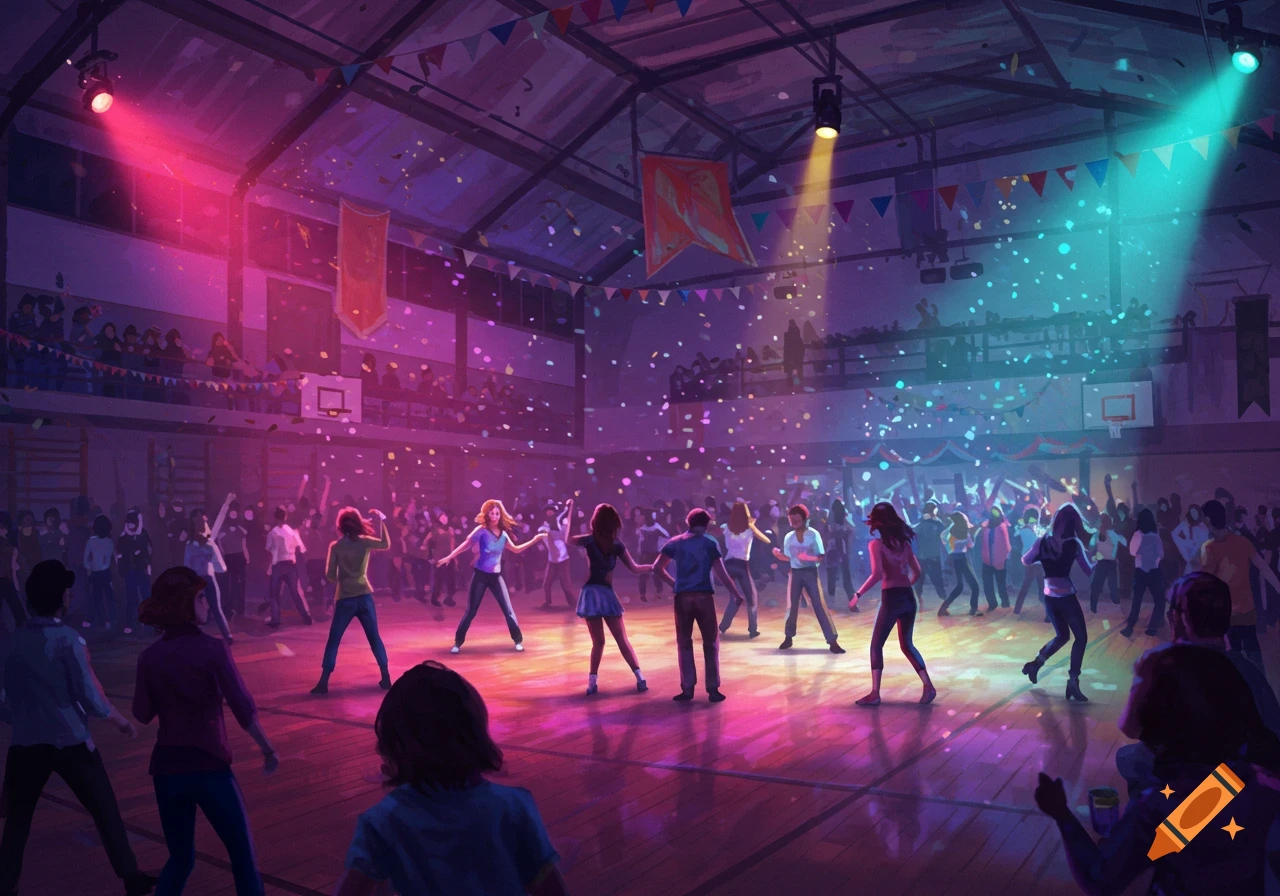 A vibrant illustration of a dance party in a gymnasium, with people dancing under colorful spotlights and falling confetti.
