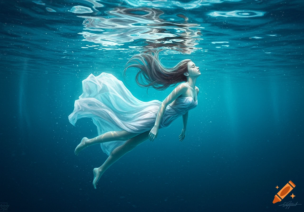 A woman in a white dress floats gracefully underwater, eyes closed, with long hair, illuminated by soft light.