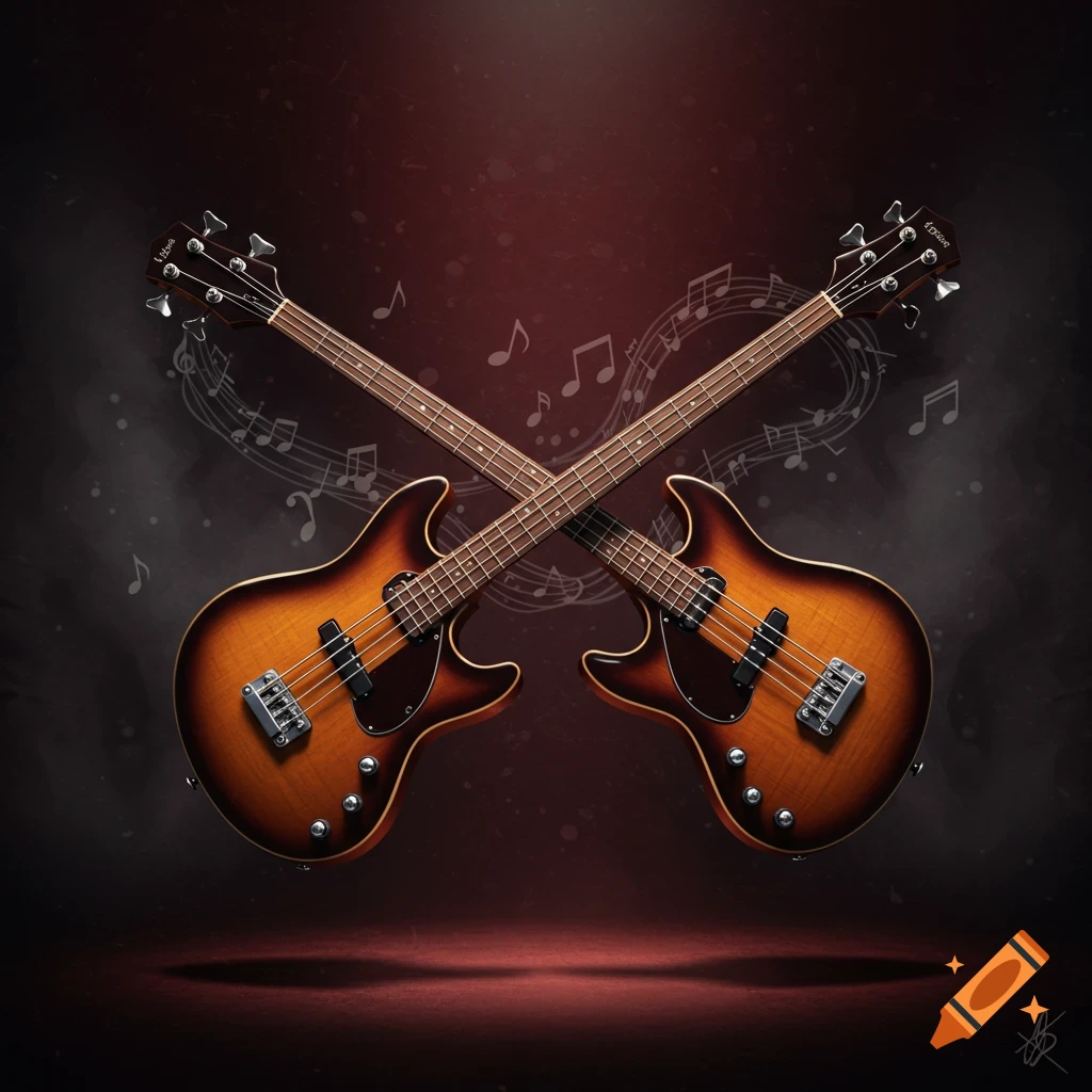 Two sunburst bass guitars crossed against a dark, spotlighted background with scattered musical notes.