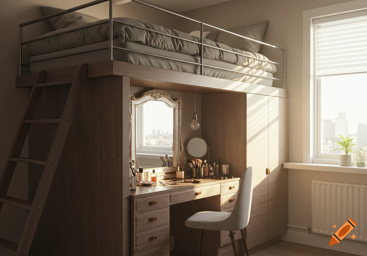 A cozy bedroom with a wooden loft bed, ladder, and a makeup vanity desk with an ornate mirror below. Sunlight streams through a window.