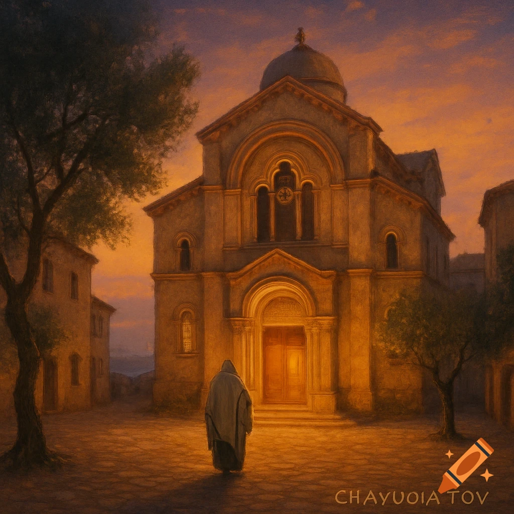 A robed figure walks towards a grand church with a dome at sunset, rendered in a warm, painterly style.