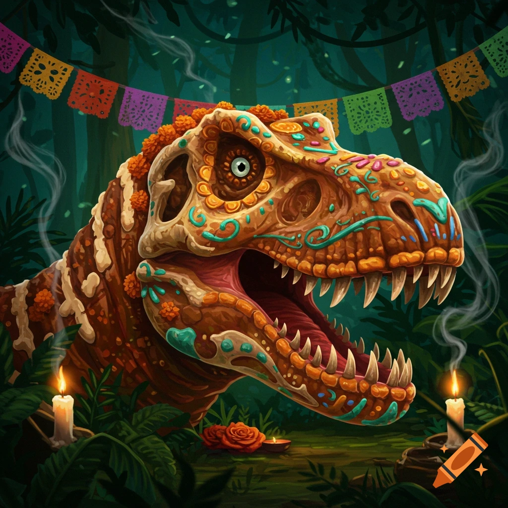 A colorful, sugar skull-style T-Rex head in a lush jungle with candles and Día de los Muertos banners.
