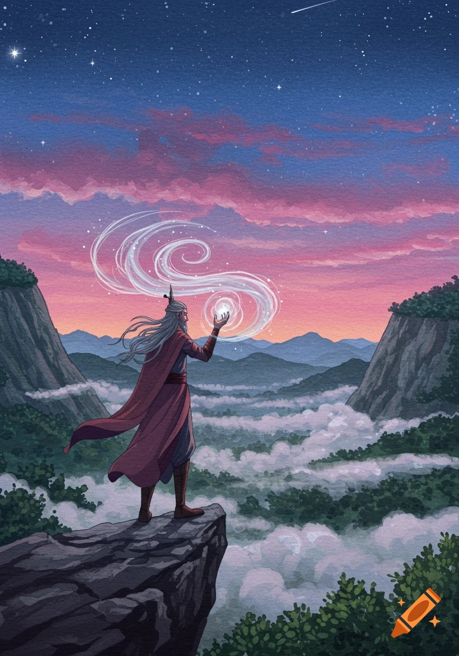 Figure in red cloak on a cliff casts magic with a glowing orb over a cloud-filled mountain valley under a starry, colorful sky.
