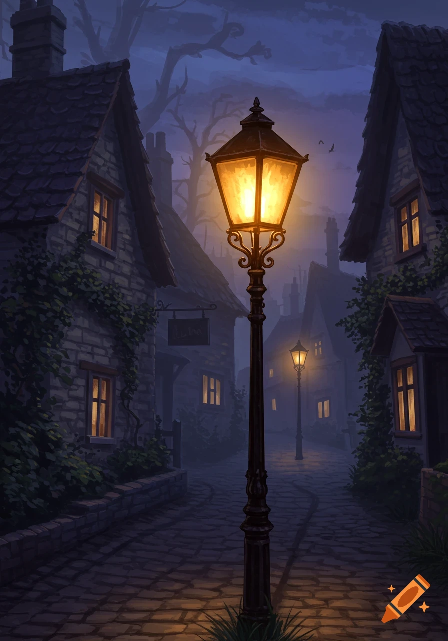 Illustrated dark village street at night, with a prominent glowing street lamp and cobblestone path winding between houses.