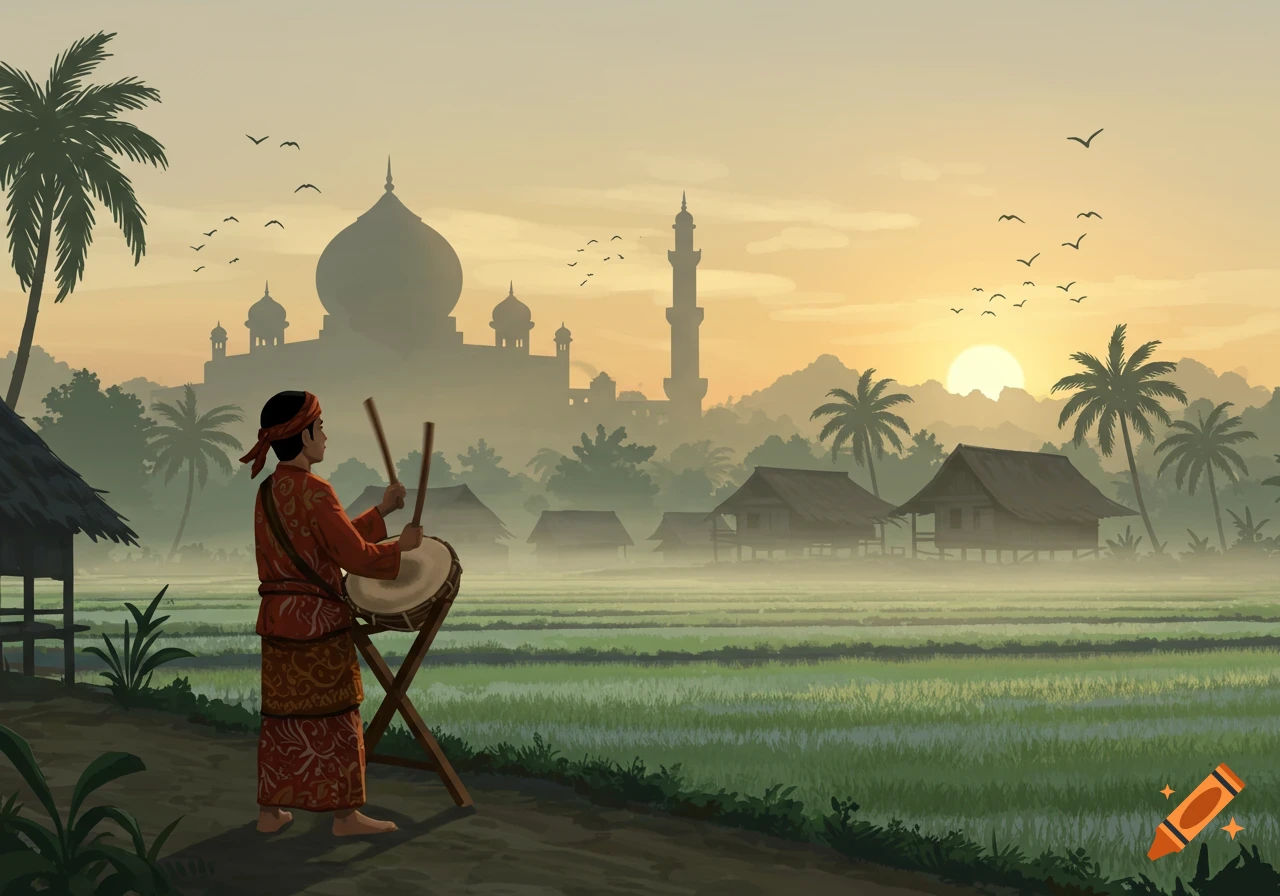 An illustration of a person in traditional dress playing a drum in a village with rice fields, palm trees, and a mosque at sunrise.