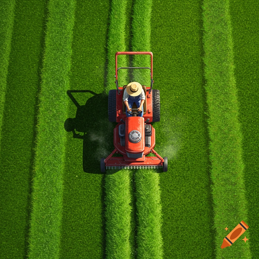 Top-down view of a person in a straw hat riding a red lawnmower, cutting stripes into a vibrant green lawn.