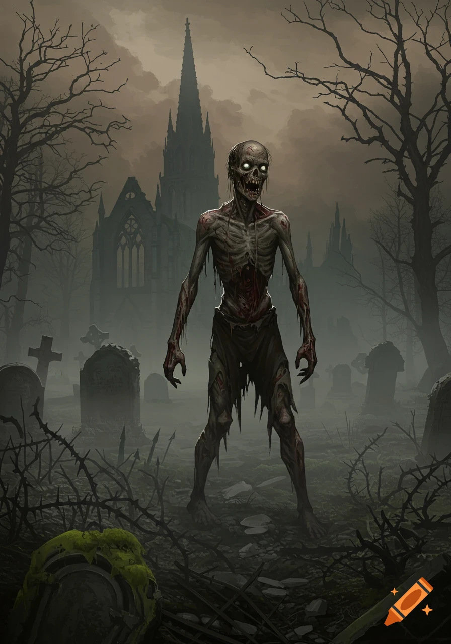 A skeletal zombie with glowing eyes stands in a dark, foggy cemetery with a gothic church and bare trees. Horror illustration.