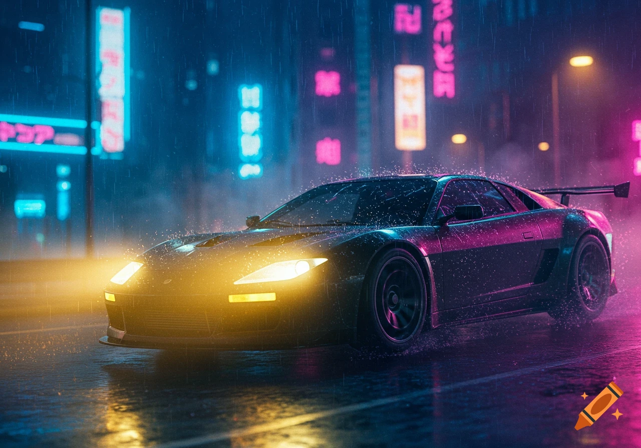 A sleek black sports car drives through a rainy cyberpunk city street at night, illuminated by neon lights.