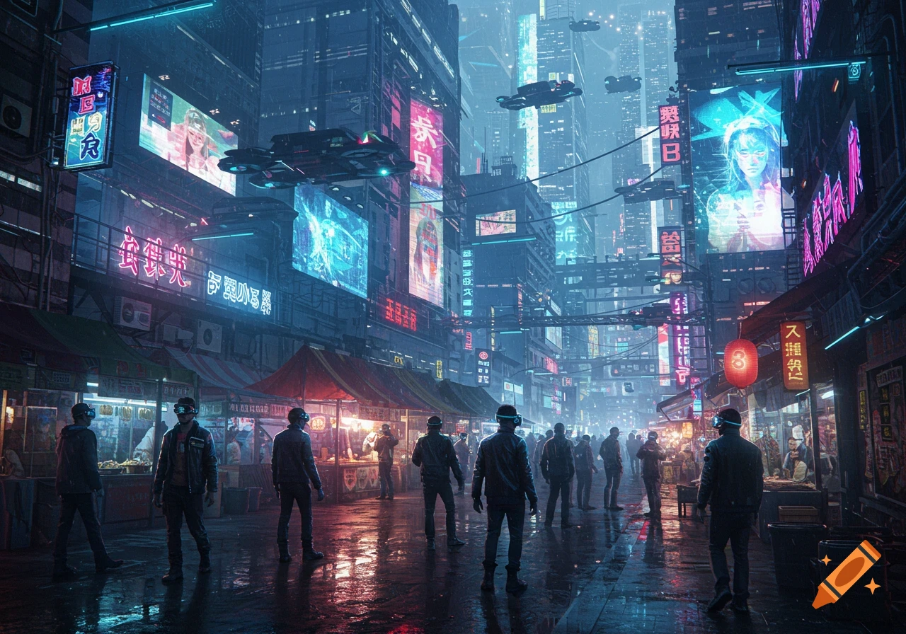 A dark, rainy cyberpunk city street filled with pedestrians, neon signs, and flying vehicles overhead.