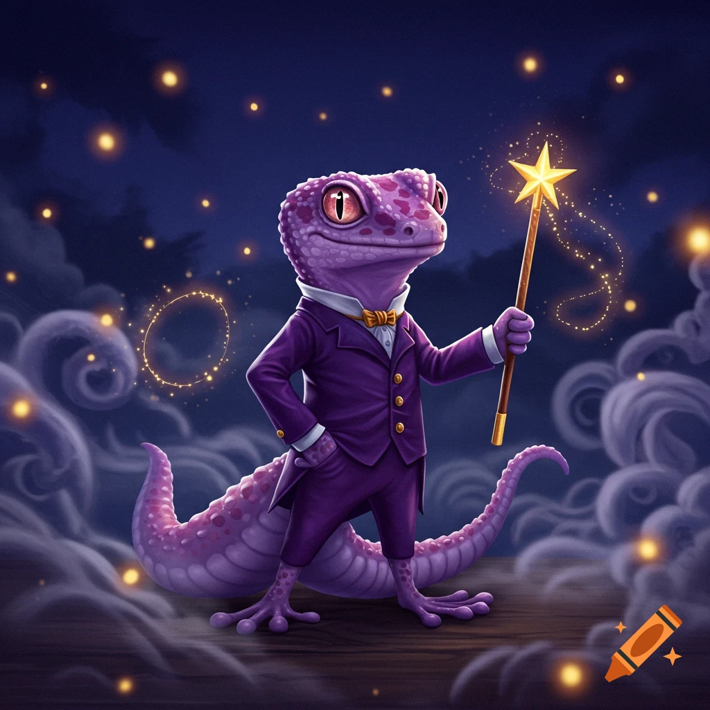 A purple gecko in a dapper purple suit and gold bow tie holds a golden magic wand, surrounded by glowing particles and mystical clouds in a night sky.