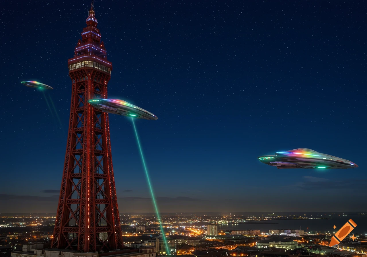 Three colorful spaceships with green beams hover around a red illuminated Blackpool Tower at night, overlooking a city skyline.