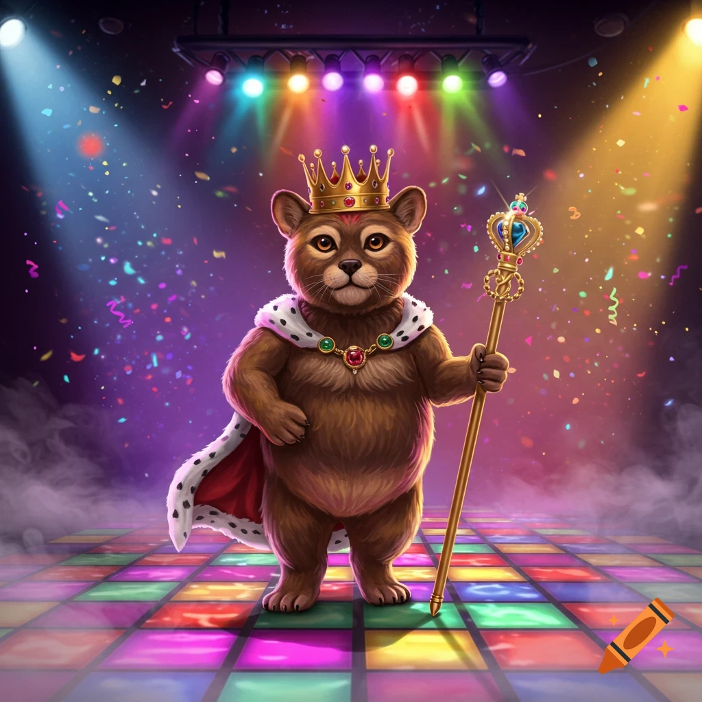 A cute, brown, bear-like creature wearing a golden crown and royal cape, holding a scepter, on a colorful disco dance floor with confetti.