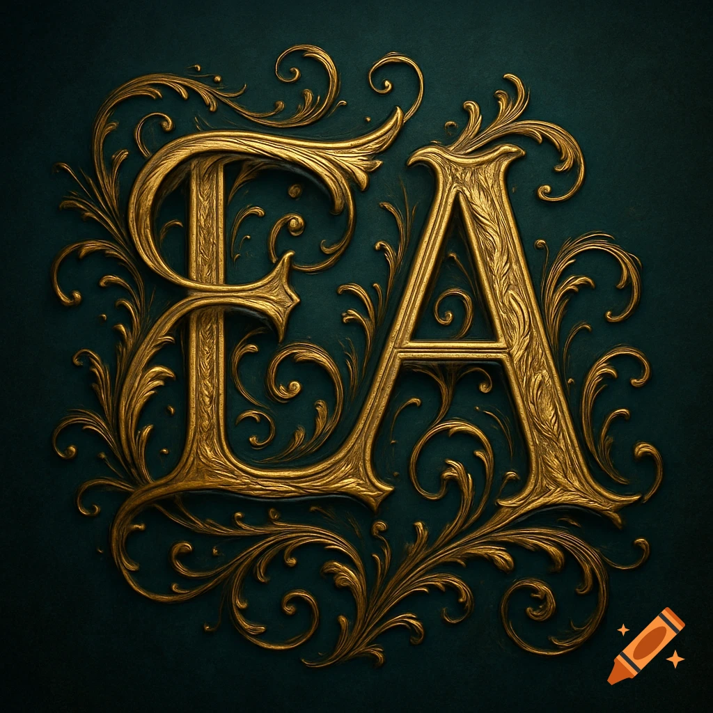 Ornate golden letters EA intertwined with swirling floral patterns on a dark teal background.