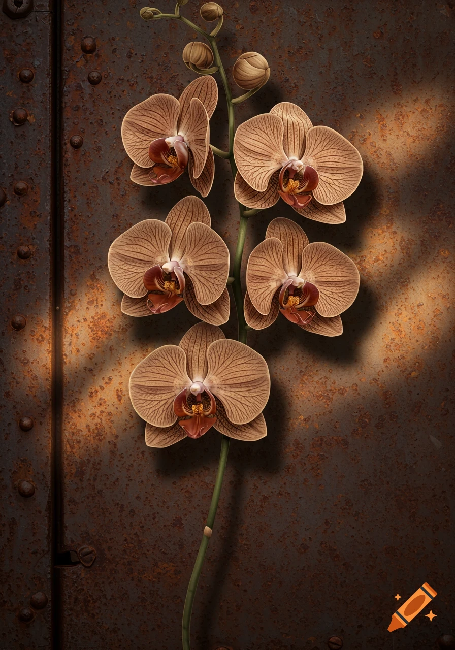 A stem of brown-patterned orchid flowers against a rusty iron wall.