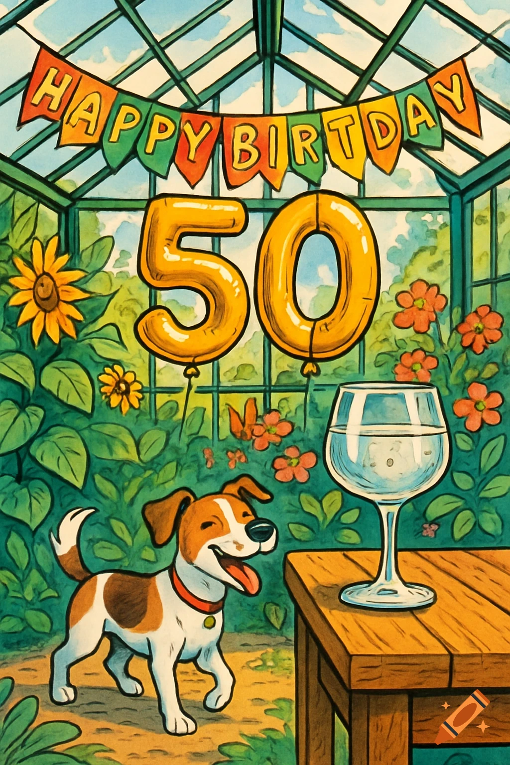 Comic art of a happy dog in a greenhouse, with 'HAPPY BIRTHDAY' banner, '50' balloons, and a glass on a wooden table.